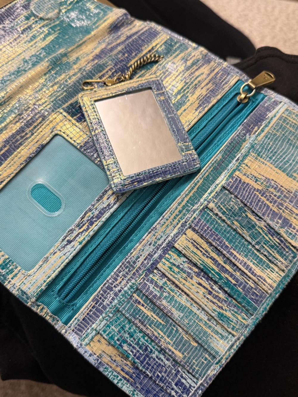 HOBO Rachel Tri-Fold Teal & Gold Textured Wallet - Picture 4 of 8